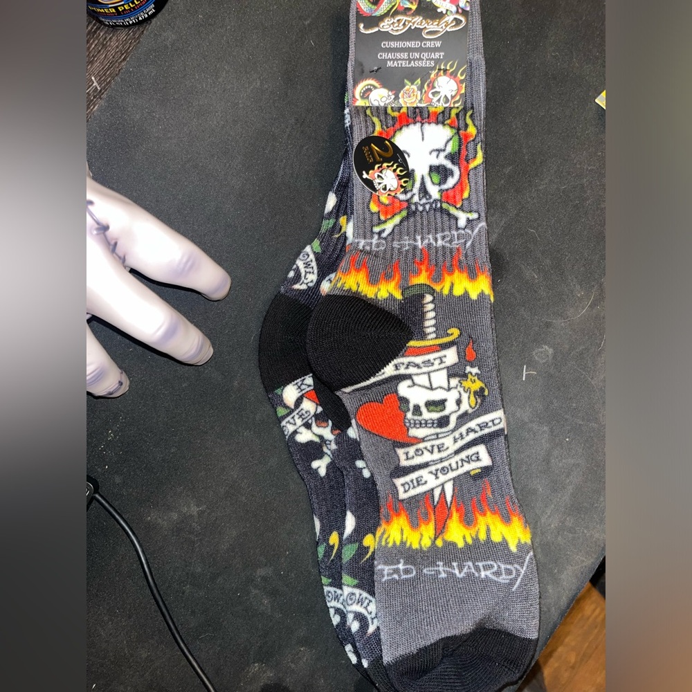 Ed Hardy Gray Crew Socks with Skull, Red Heart & Flame Graphics